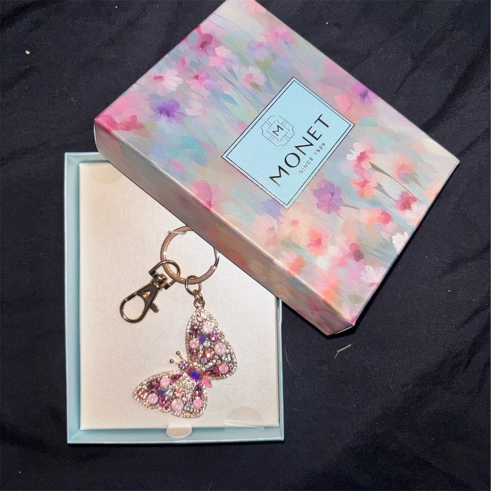 Monet Butterfly Keychain Purse Charm Pink Purple Rhinestone Key Ring butterfly